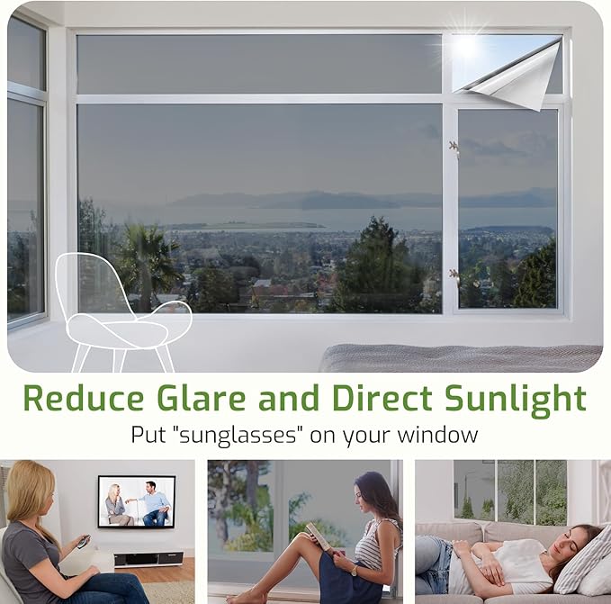 LUTE One Way Window Privacy Film, Window Tint for Home, Sun Blocking UV Heat Blocker, See Out Not in Reflective Mirror Film, Removable Static Cling Glass Door Cover, Black Silver, 35.4" x 157.4"