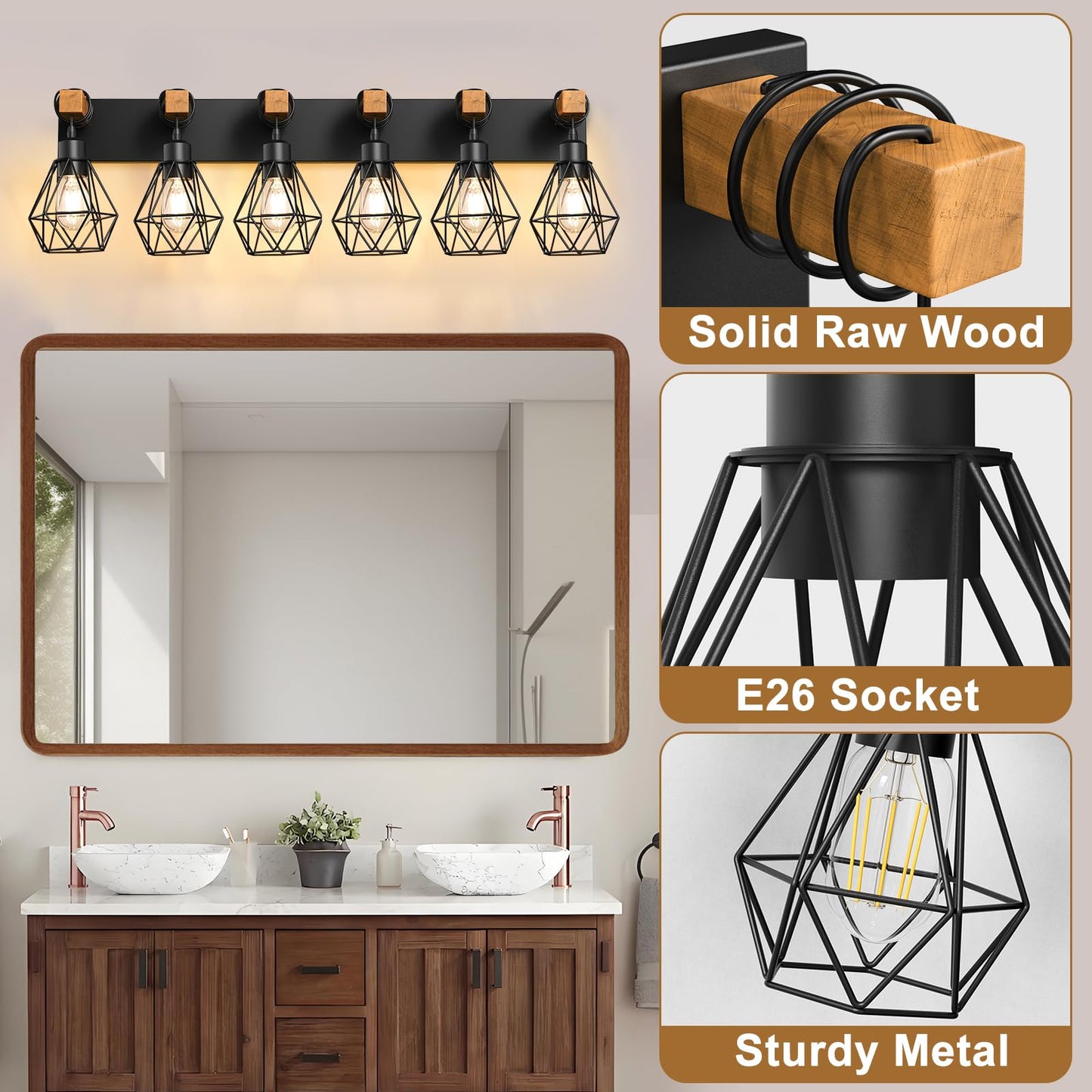 Izorro Farmhouse Bathroom Vanity Light Fixtures  6-Light Wood Bathroom Lighting Fixtures Over Mirror  Black Rustic Industrial Sconces Wall Lights With Metal Lampshade For Living Room  Bedroom