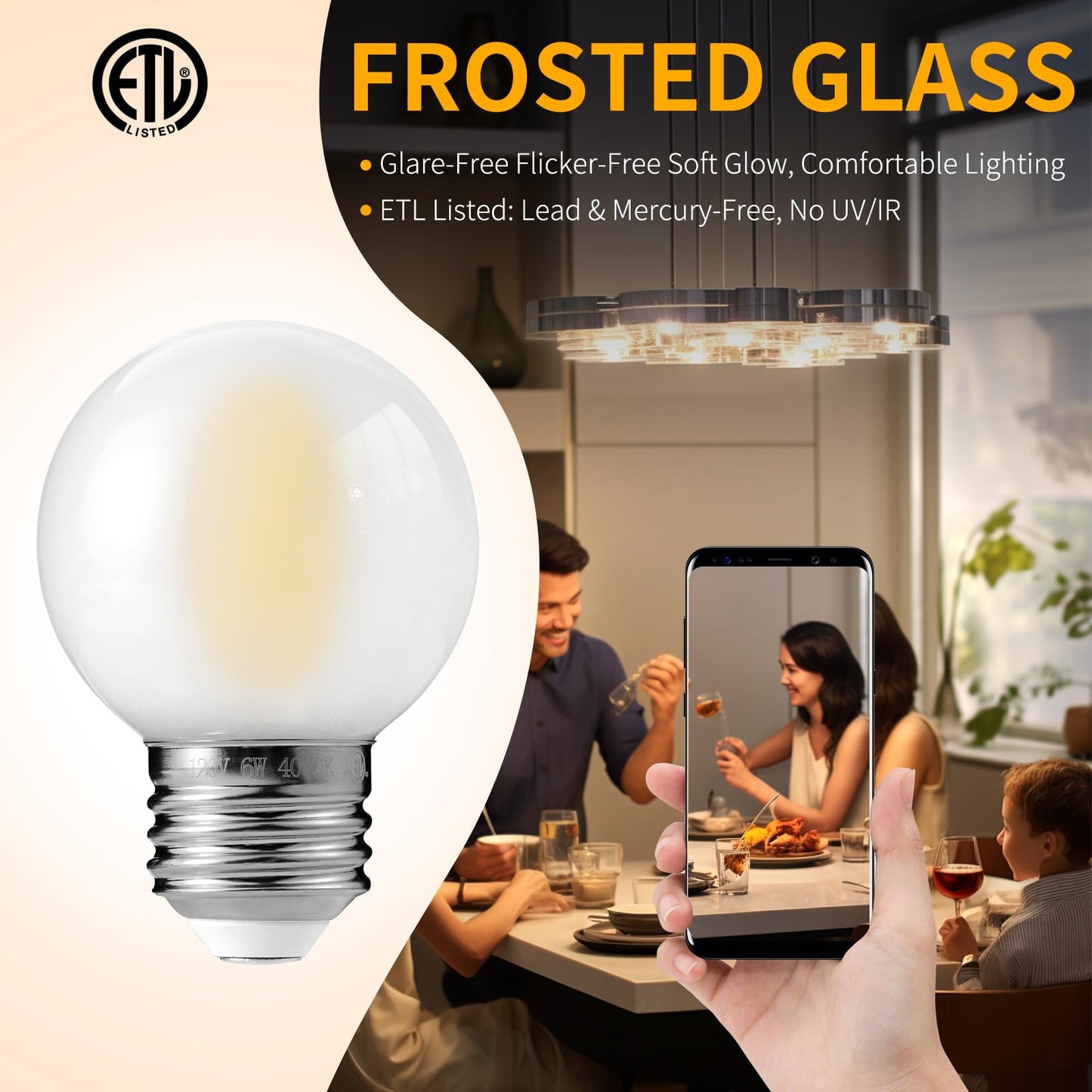 Decoaui E26 G16 Led Globe Light Bulbs  Frosted Glass  4000K Daylight White  6W(60W Equivalent)  600 Lumins  Dimmable  6Pack