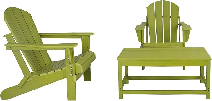 WO Home Furniture Adirondack Chairs Table Set of 3 PCS Outdoor Folding Chairs Coffee Table Weather/UV Resistant for Lawn, Garden, Bon Fire, Balcony (Lime)