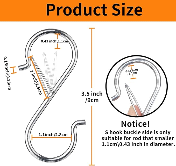 12 PCS S Hooks for Hanging with Safety Buckle, 3.5 inch Heavy Duty Metal S Shaped Hooks for Kitchen Utensil, Cups, Pots, Plants, Bags, Hats (Silver)