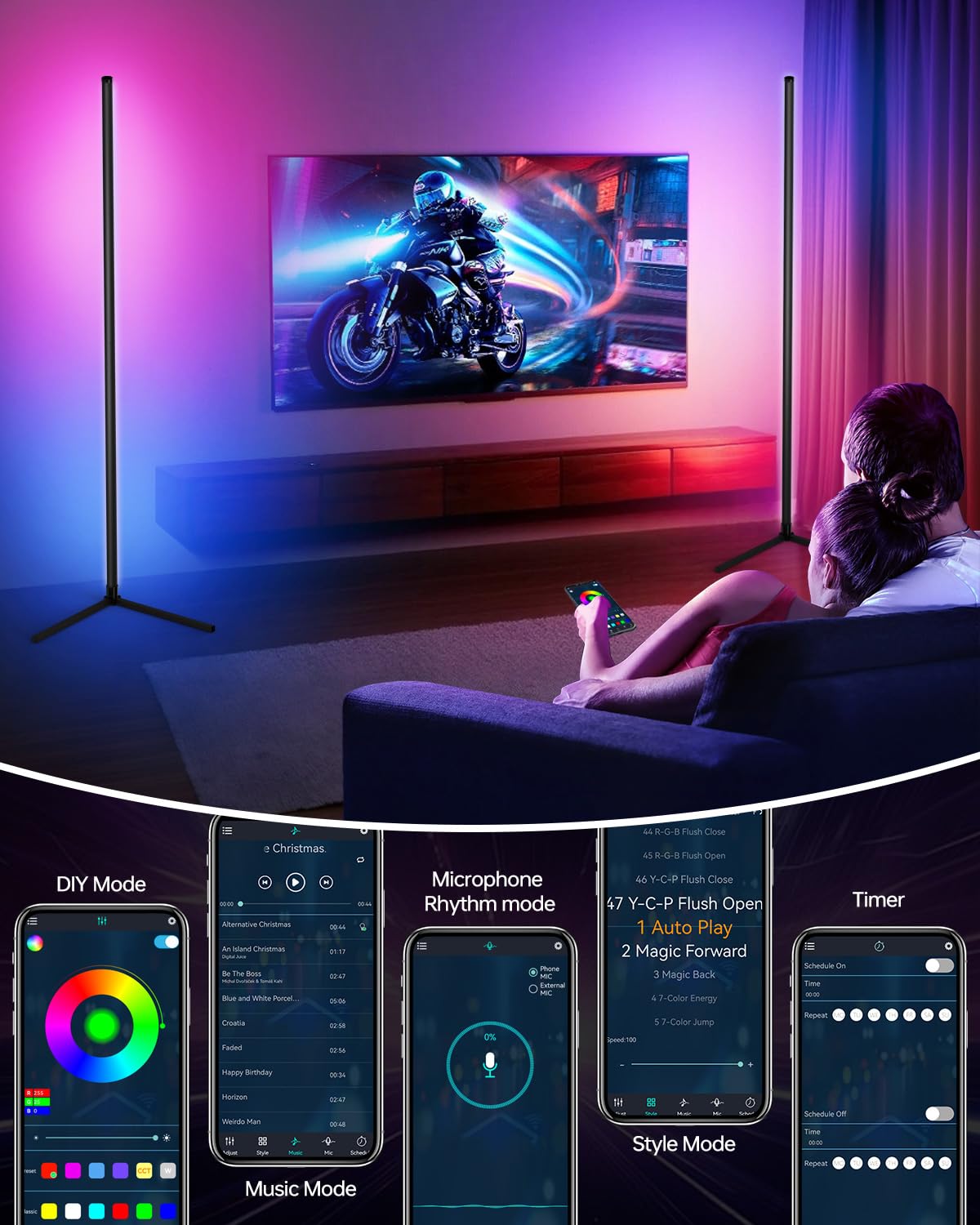 Bodami Smart RGB Corner Floor Lamp, APP & Voice Control, Dimmable, 2 Pack, Aluminum