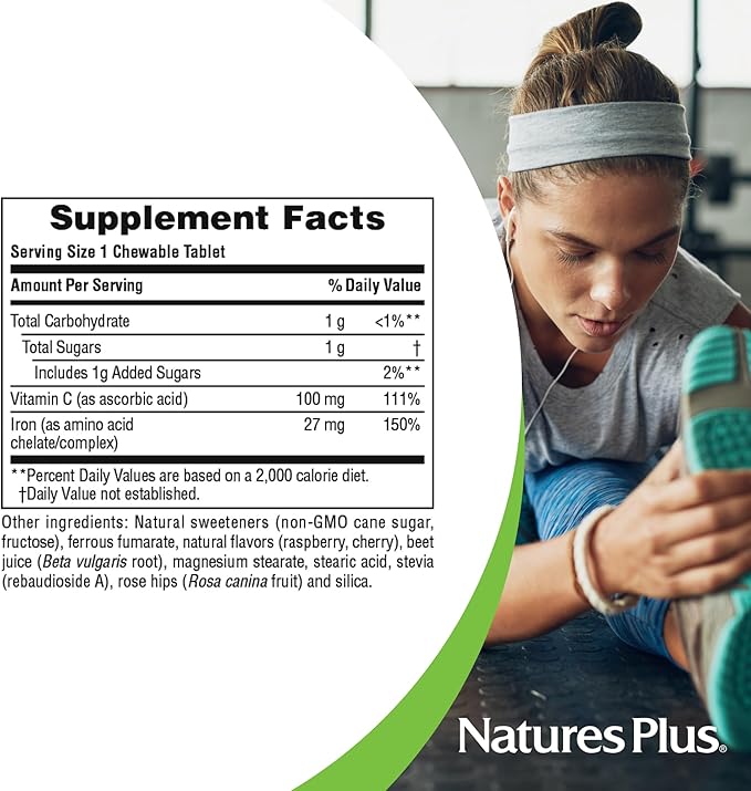 NaturesPlus Chewable Iron - 27 mg , 90 Chewable Tablets - High Potency Supplement with Vitamin C & Herbs , Promotes Healthy Blood , Natural Energy - Vegetarian , Gluten-Free - 90 Servings