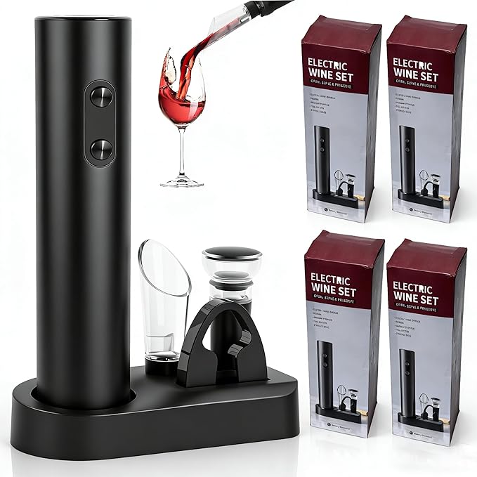 4Pcs Electric Wine Opener Set ABS Automatic Wine Opener Set with Stand Foil Cutter Wine Pourer Vacuum Stopper Practical Electric Wine Opener Rechargeable for Home Party Bar Outdoor Wine Gift