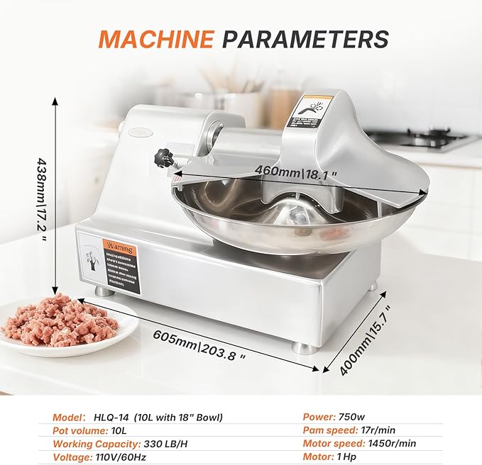 Hakka Commercial 10L Multifunction 18in Meat Bowl Cutter Mixer and Buffalo Chopper Food Processor Heavy Duty Meat Mixing Grindering Chopping Machine