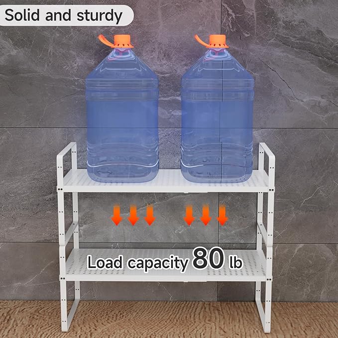 2Pack 16.5-27’’L Expandable Cabinet Countertop Shelf Organizer, Stackable Metal Shelves, Kitchen Organizers and Storage, White Storage Spice Rack for Pantry and Cupboard