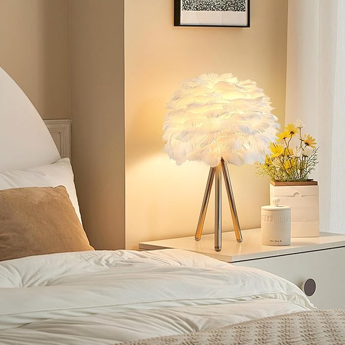 ZYLEIESENBAO White Feather Lamp Furry Table Lamp H16'' Modern Princess Feather Desk Lamp Tripod Fluffy Bedside Nightstand Light for Bedroom Wedding Atmosphere Girl Gift Living Room Retaurant Entryway