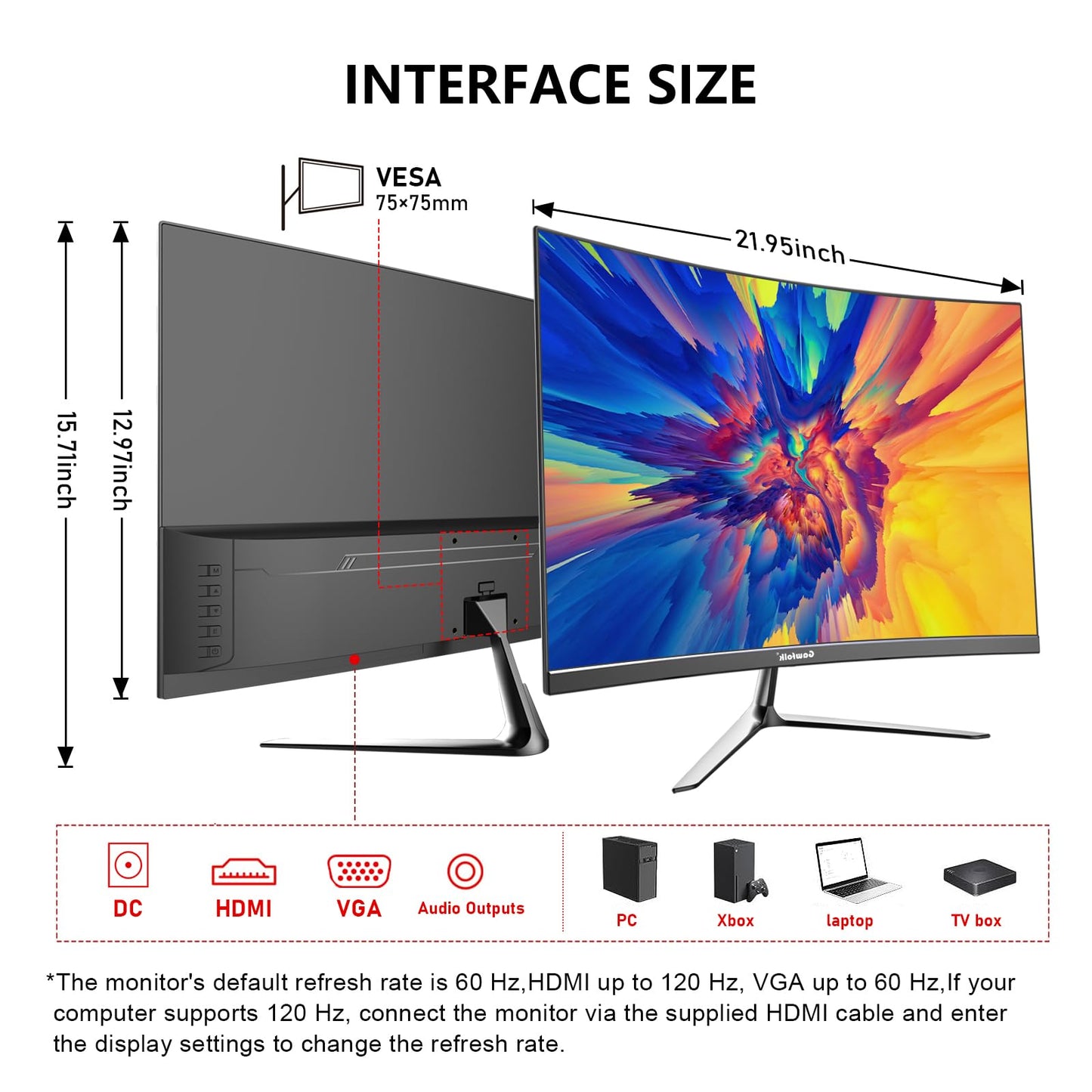 Gawfolk 24.5 Inch Gaming Curved Monitor Built-in Speakers, 3000R 120Hz PC Screen Full HD 1080P, HDMI 2.0, VGA, Wall Mount Compatible 75 * 75mm