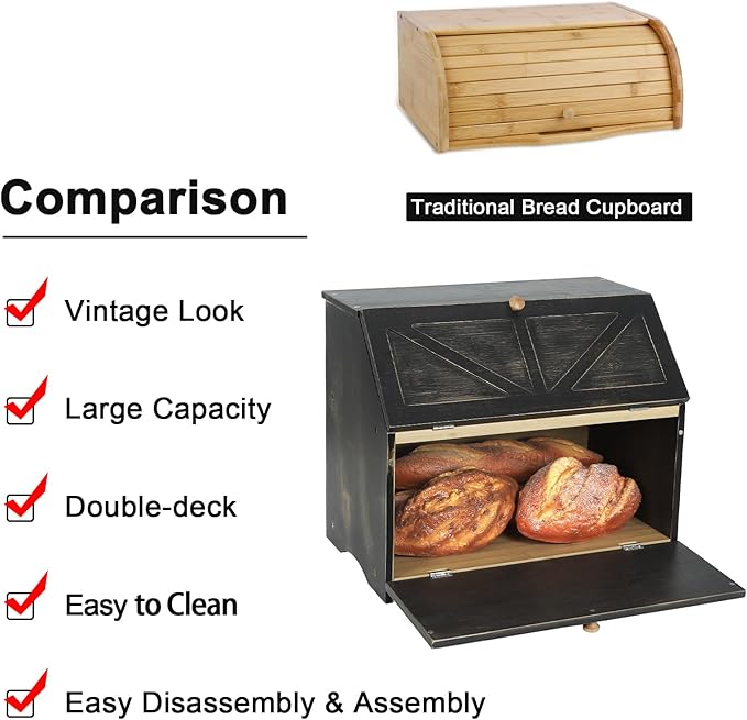 HOMEKOKO Double Layer Large Bread Box for Kitchen Counter, Wooden Large Capacity Bread Storage Bin (Rustic Black)