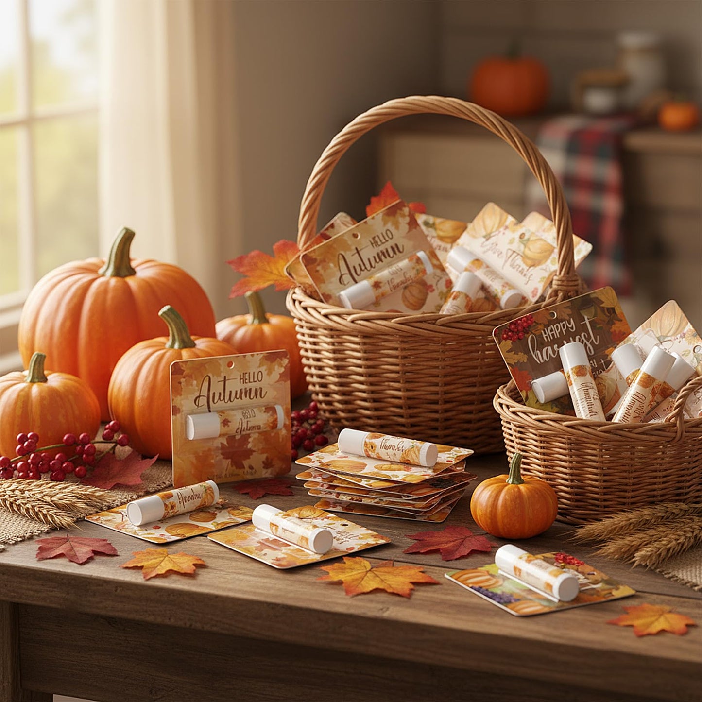 Qunclay 48 Pcs Thanksgiving Fall Pumpkin Lip Balm Bulk Maple Leaf Lip Balms Gifts Thanksgiving Baby Shower Party Supplies Thank