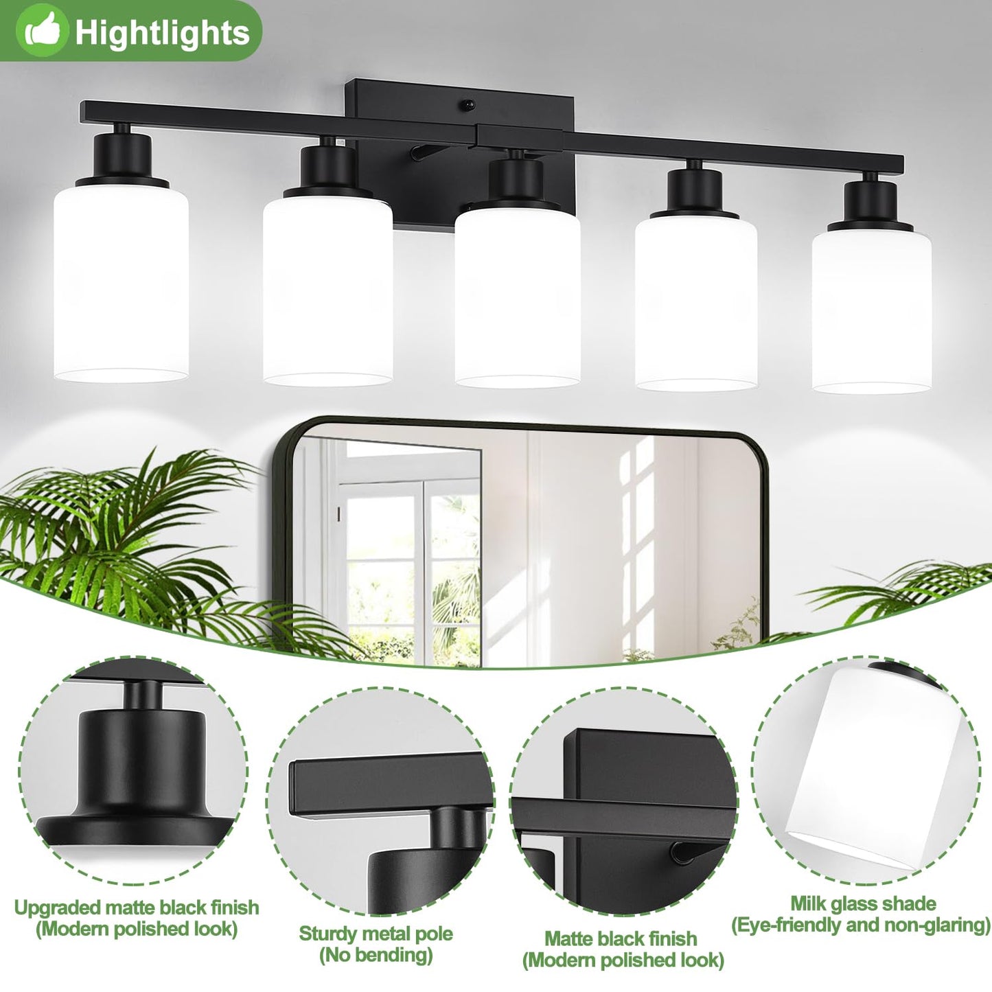 Indoi 5-Light Bathroom Vanity Light Fixture, Matte Black & Milky White Glass, Model LTW070, Up/Down Lighting for Mirror, Hallway
