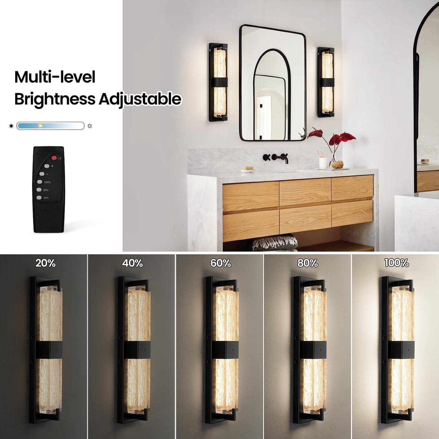 Battery Operated Resin Wall Sconce - Wireless Rechargeable Black Wall Light Dimmable Led Remote Wall Sconces Lighting Modern Cordless Vanity Light Fixtures No Wiring For Living Room Bedroom Bathroom