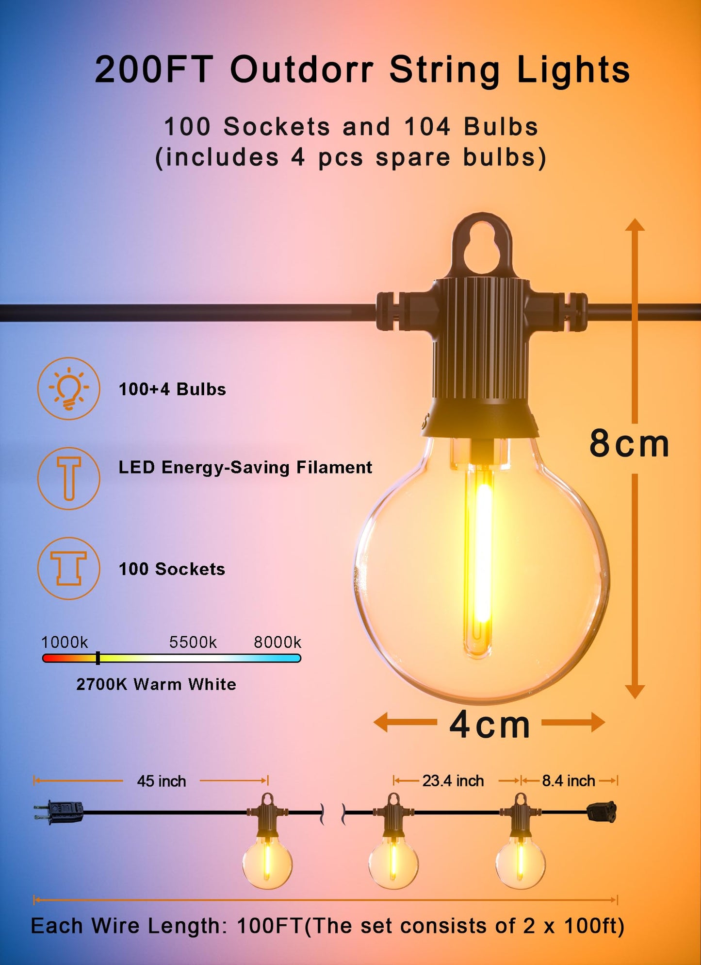 Zuske Outdoor String Lights, 200FT Connectable Dimmable LED with 100 Shatterproof G40 Bulbs, Waterproof, Black