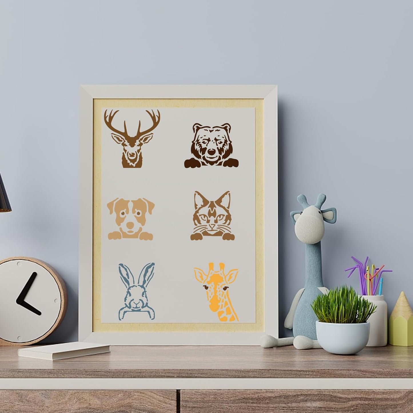 MAYJOYDIY 6pcs Animal Stencil Templates Dog Cat Deer Bear Rabbit Stencils 6×6inch with Paint Brush Reusable Animals Head Stencil for Painting on Wood Wall DIY Craft