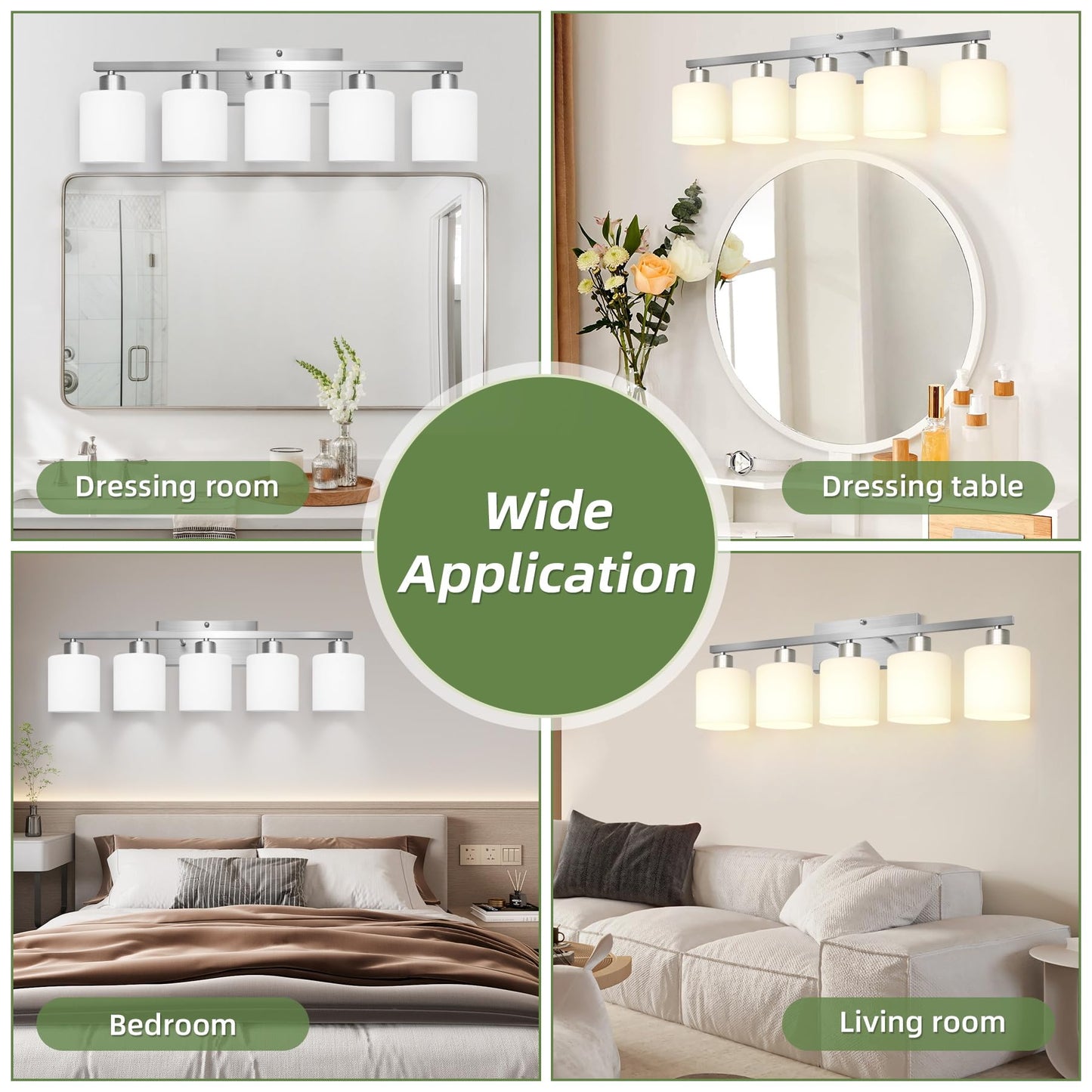 Silampdi 5-Light Bathroom Lighting Fixtures Over Mirror  Brushed Nickel Bathroom Vanity Light  Modern Rustproof Wall Sconce Lights  Milky White Frosted Glass Shades  E26 Base  Bulbs Not Included