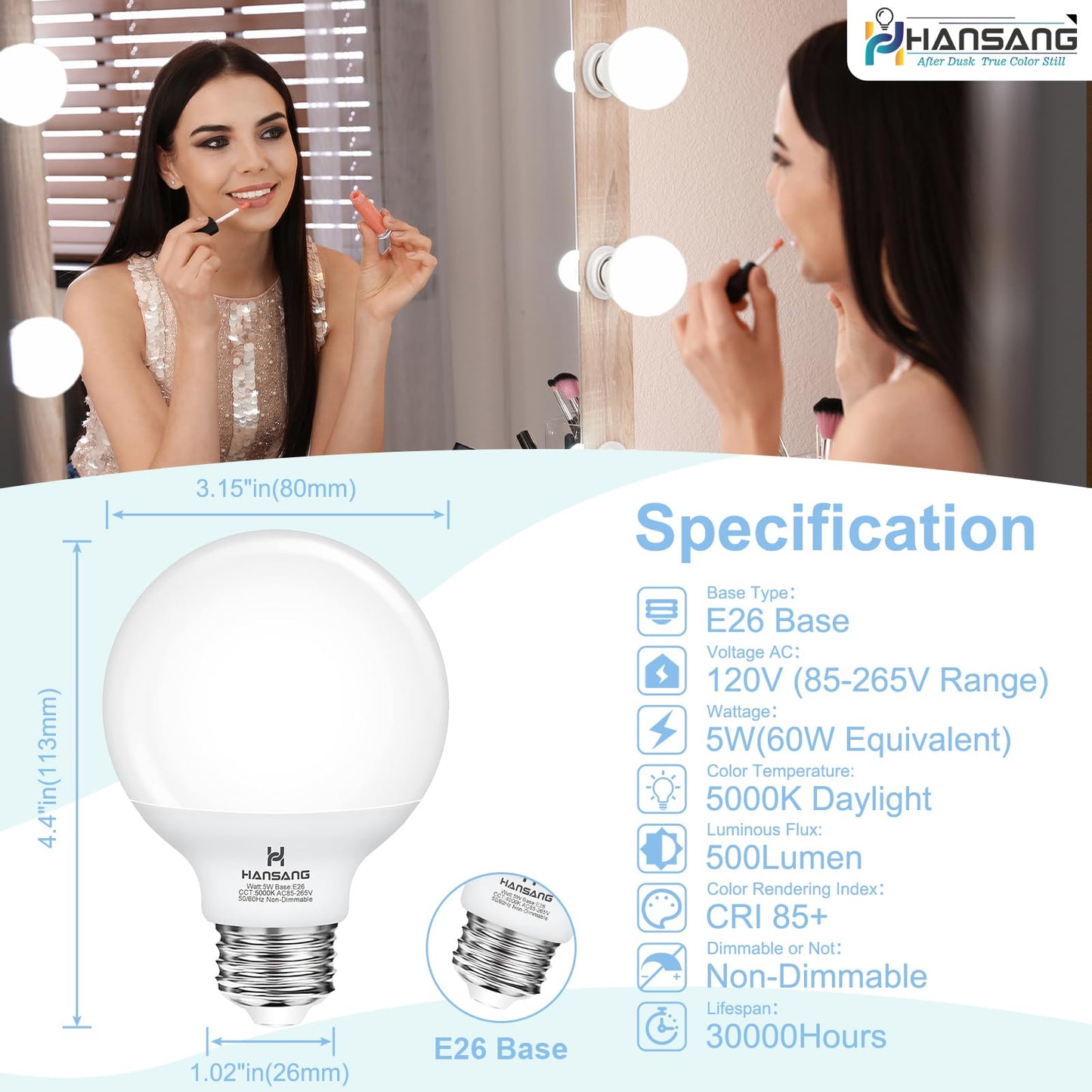 hansang G25 LED Globe Light Bulbs 60W Equivalent 5000K Daylight E26 Base 4-Pack Plastic
