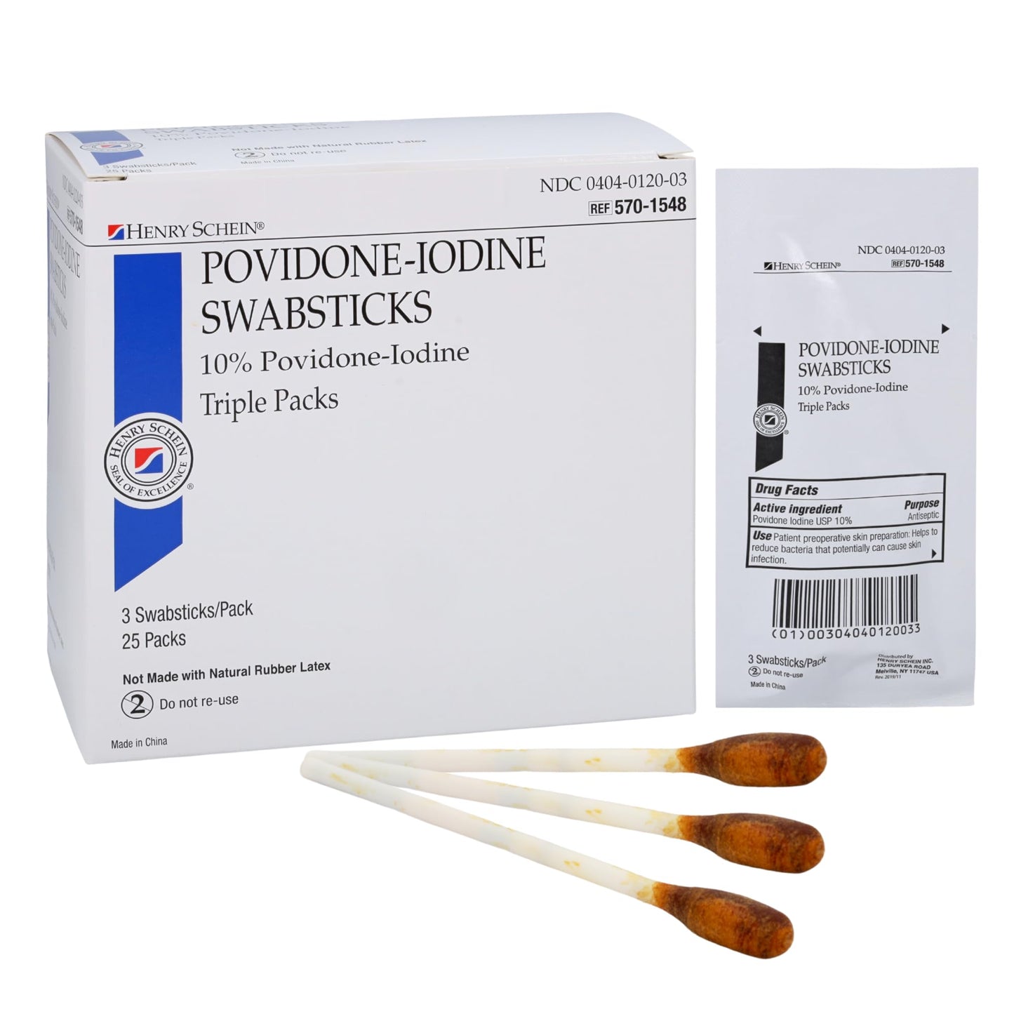 Henry Schein Prep Povidone-Iodine Swabsticks 3's, Individually Packed, Sterile, Antiseptic for Skin Preparation, 10% Povidone-Iodine- 25/BX