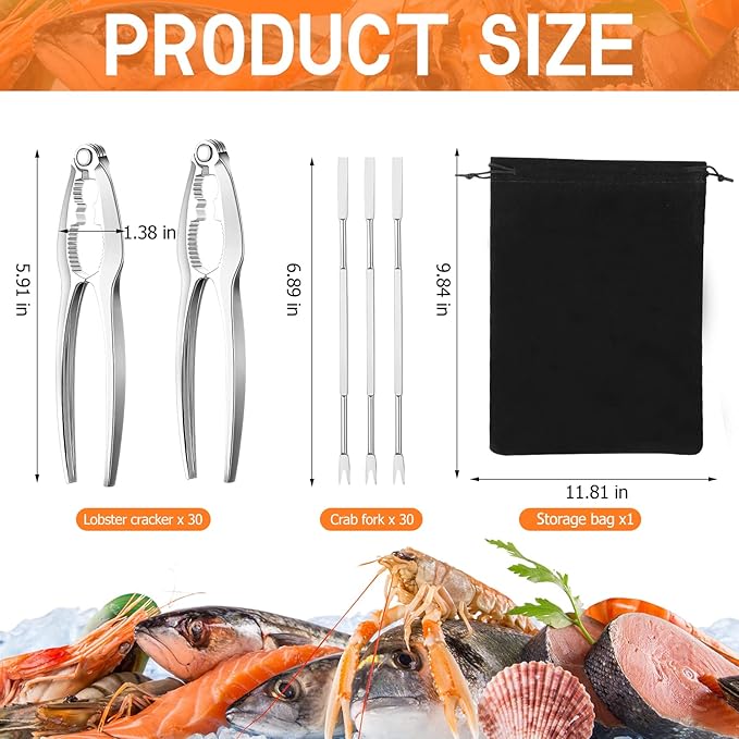 Zhehao Lobster Crackers and Picks Set Seafood Party Dinner Supplies Stainless Steel Crab Leg Tool with Seafood Fork and Bag Heavy Duty Nut Cracker Set Opener Shellfish for Kitchen Restaurant(61 Pcs)