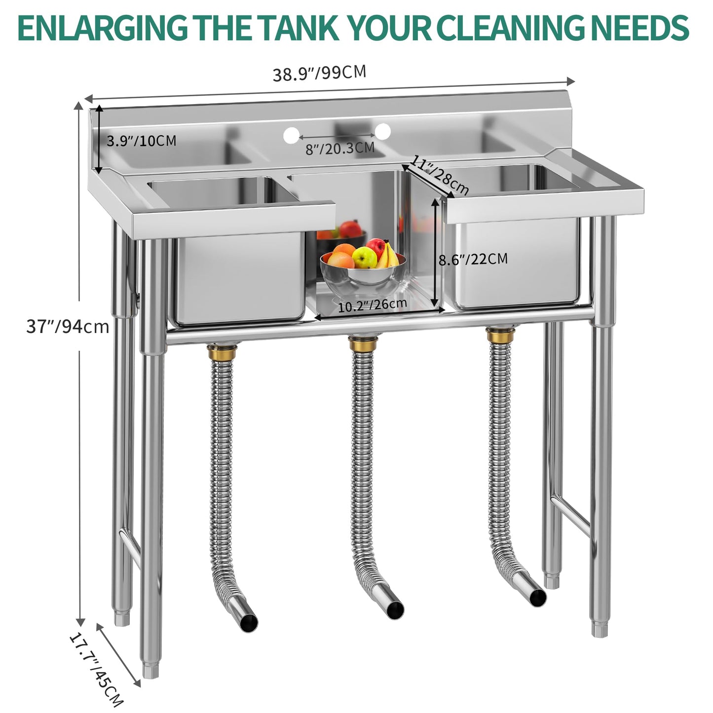 YITAHOME Utility Sink 3 Compartment Stainless Steel Freestanding Bar Sink NSF Commercial Sink for Restaurant, Laundry, Garage, Workshop Sink with Legs, Outdoor (39"x18"x37")