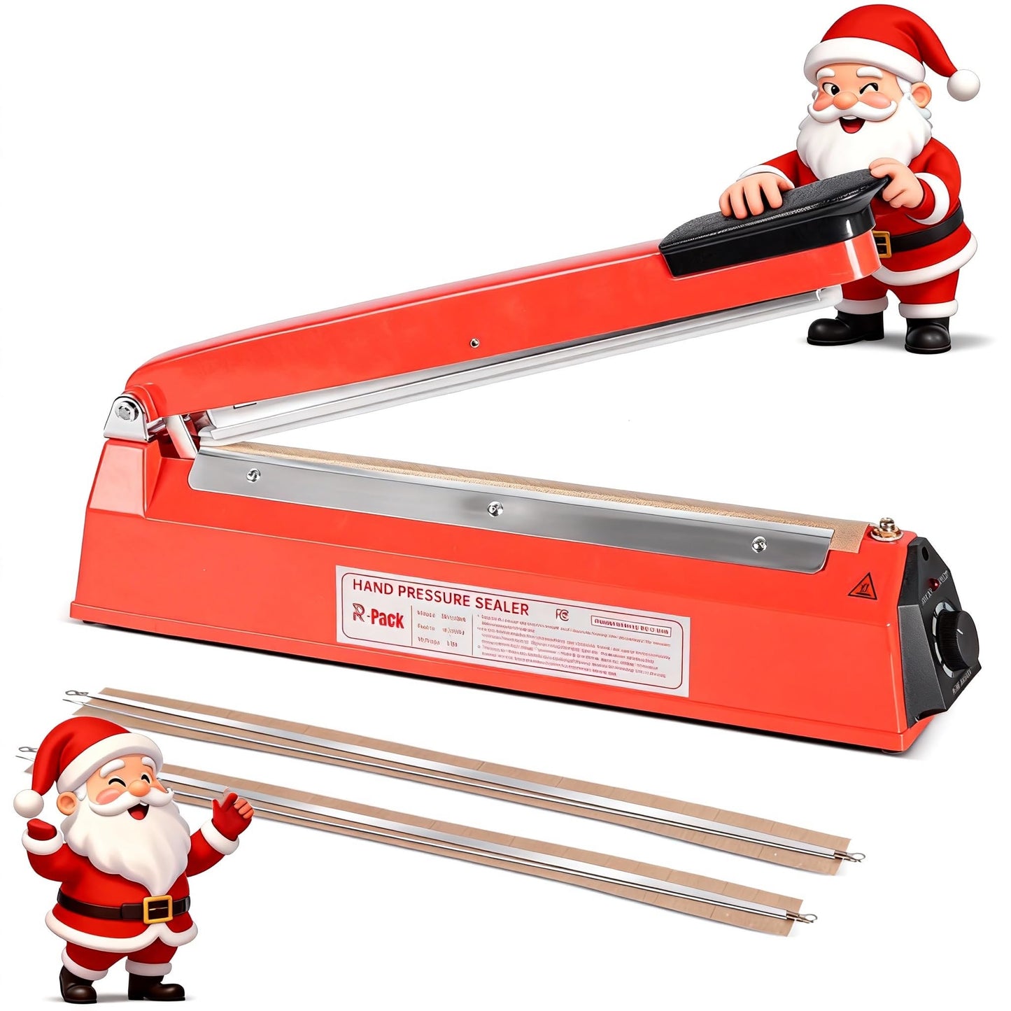 R-PACK Impulse Heat Sealer with Seal bar, Heavy-Duty Bag Sealing & Cutting Machine, 2 Extra Replacements (red, 12inch)