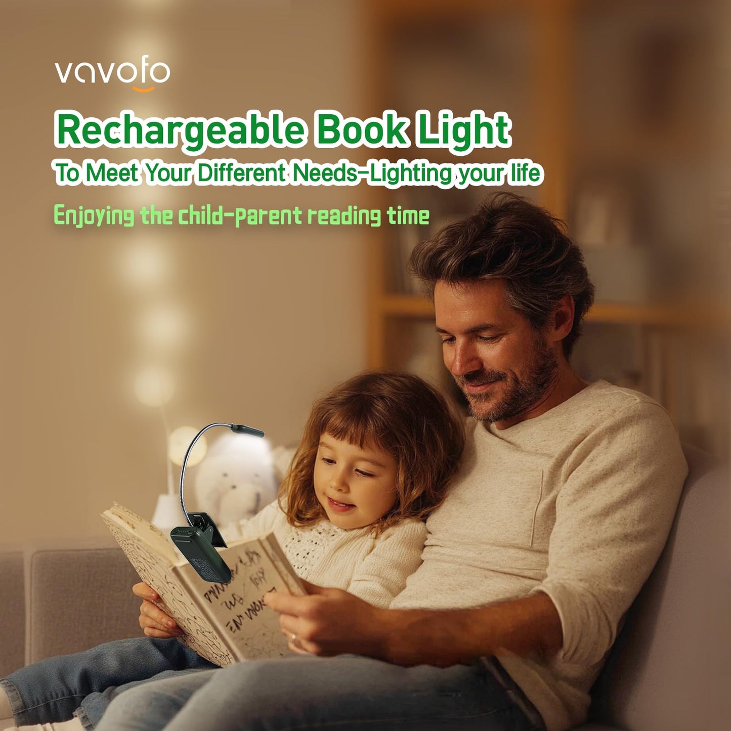 VAVOFO Rechargeable Book Light, 7 LED, 9-Level Warm Cool White, Eye Care Lamp, Garden Green, Model KM-6720