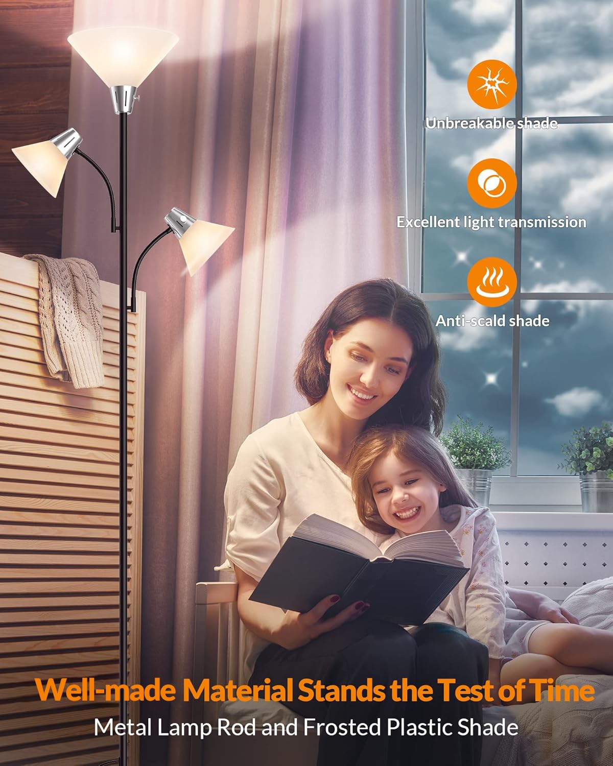 LEPOWER Floor Lamp with 5W Adjustable Reading Lights, 9W LED, Metal, Black, Model LP-US-MDFL-AS-03