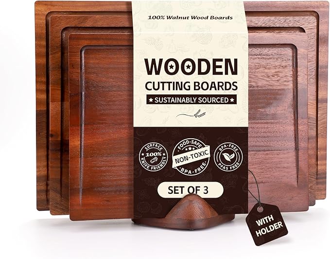 Walnut Wood Cutting Boards for Kitchen, 3 PCS Wooden Cutting Board Set with Holder Large to Small, Chopping Board Set with Deep Juice Grooves, Non Toxic Serving Tray, Perfect Mother's Day Gifts