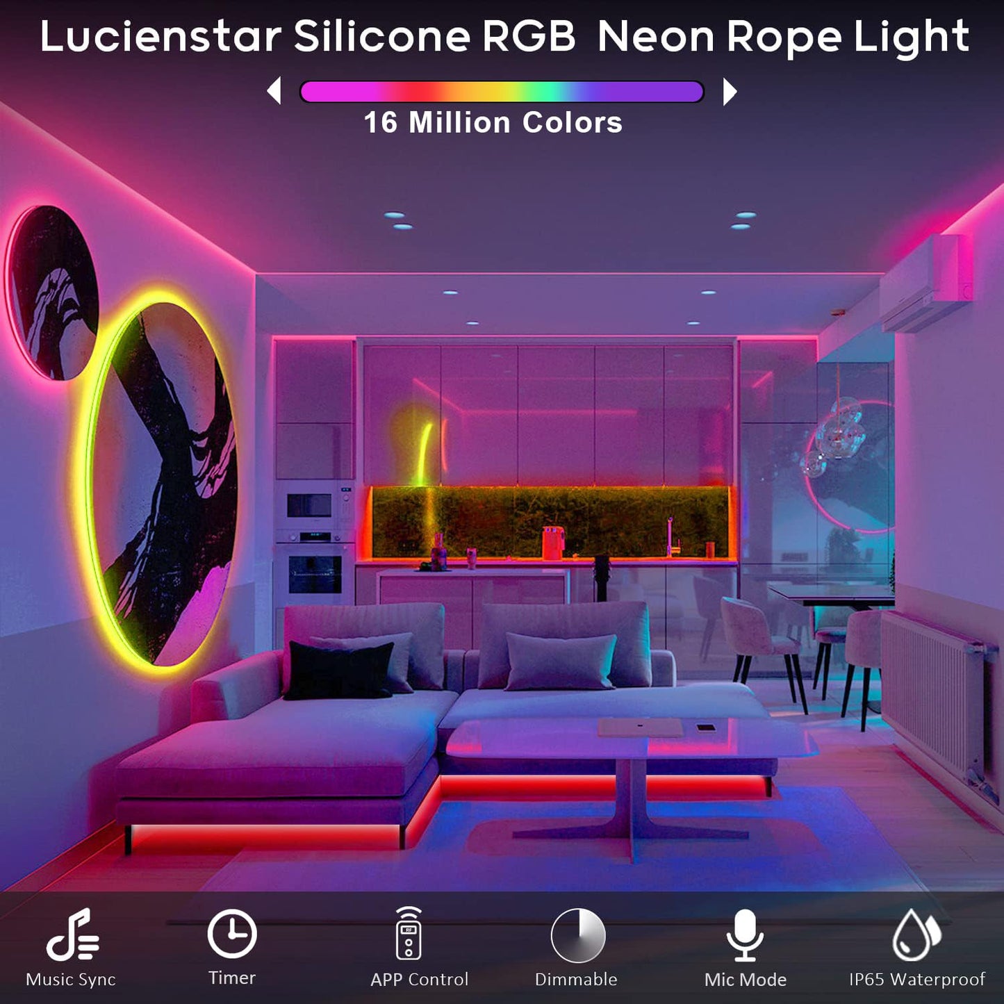 Lucienstar 16.4Ft Rgb Neon Rope Lights, Waterproof Led Strip, App/Remote Control, Music Sync, Flexible Silicone For Outdoor/Indoor Decor