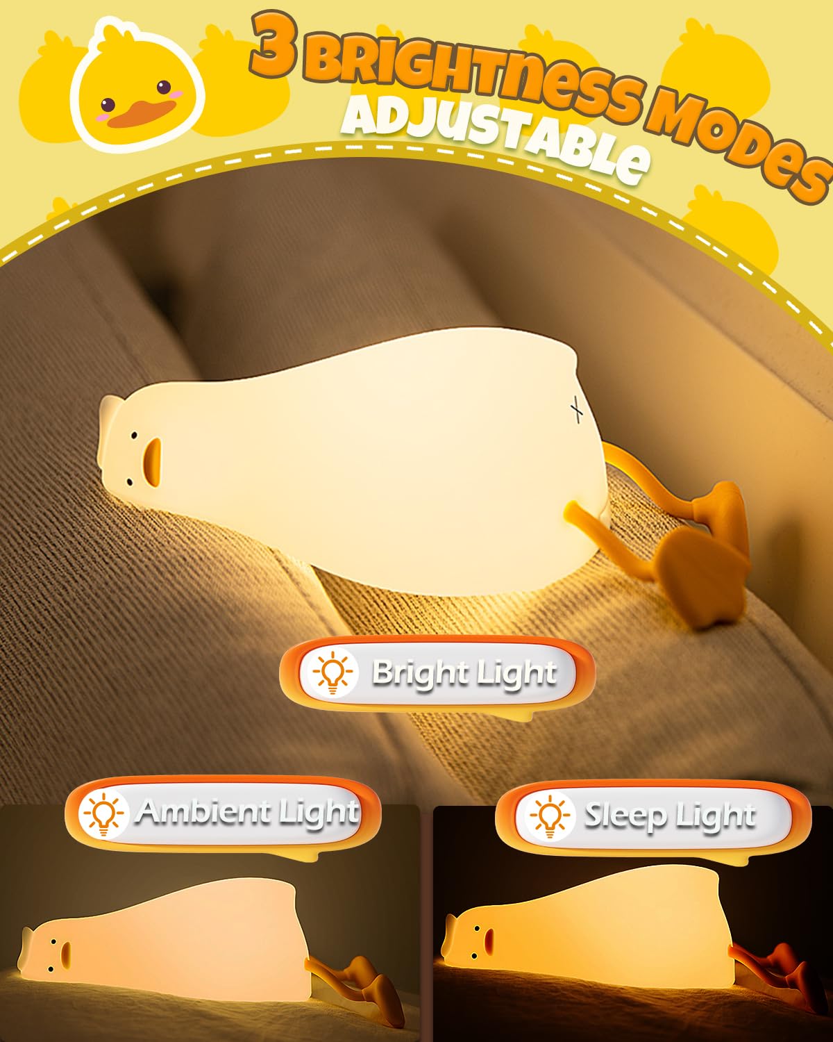 Cute Duck Night Light  Animal Lamp  Food Grade Silicone  Rechargeable  3 Level Dimmable  Squishy Nursery Nightlight For Desk Decor  Funny Gifts Stuff For Boys Girls Baby  White Elephant Gifts