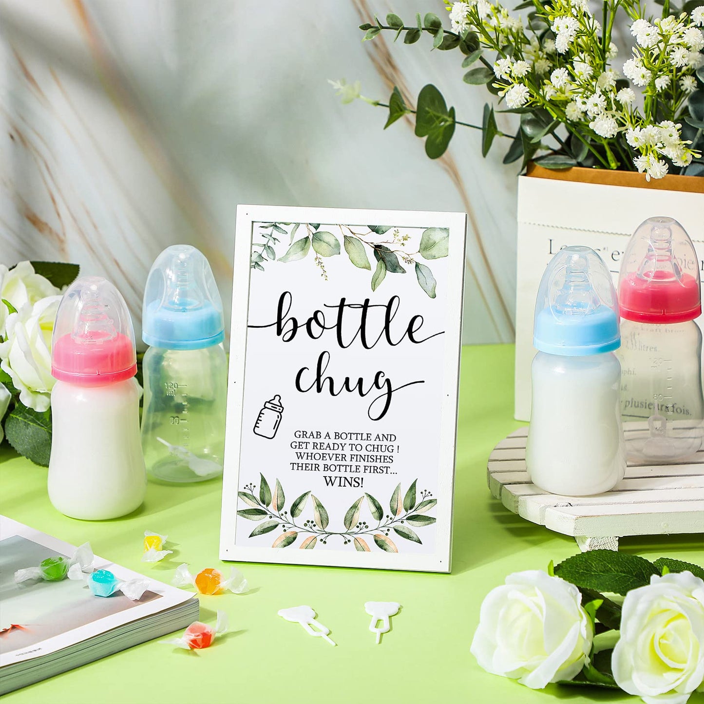 Roowest Bottle Chug Baby Shower Game Favors Including Eucalyptus Theme Wooden Sign and 18 Pcs Baby Bottles for Gender Reveal Party Supplies