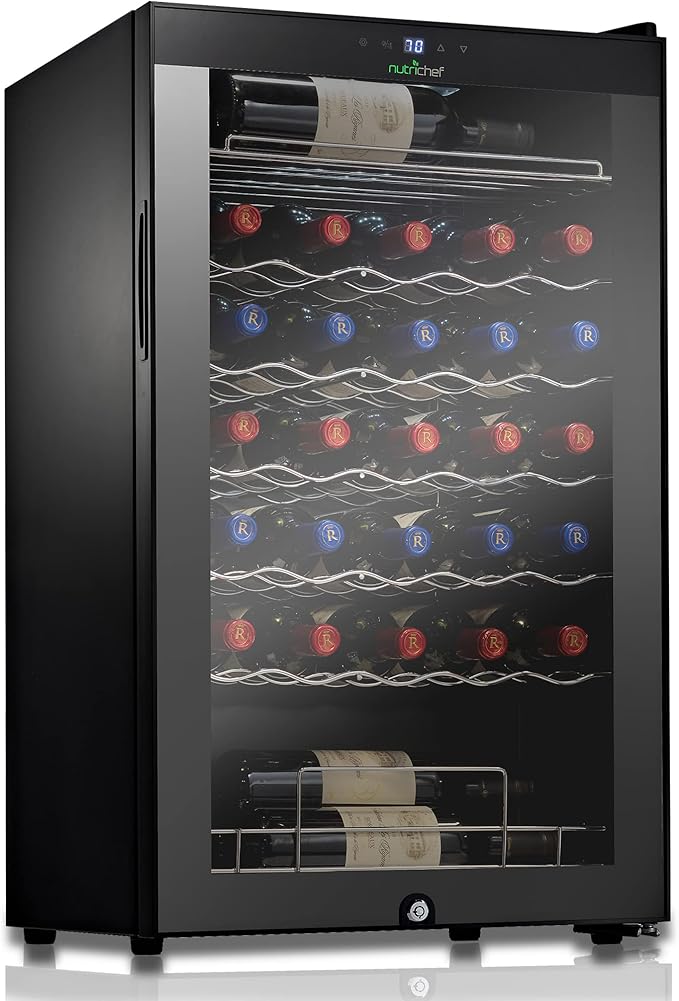 NutriChef PKCWC340 Wine Fridge, 34 Bottle Single Zone Beverage Chiller, 93.5L Capacity, 33x19x17 IN, Black