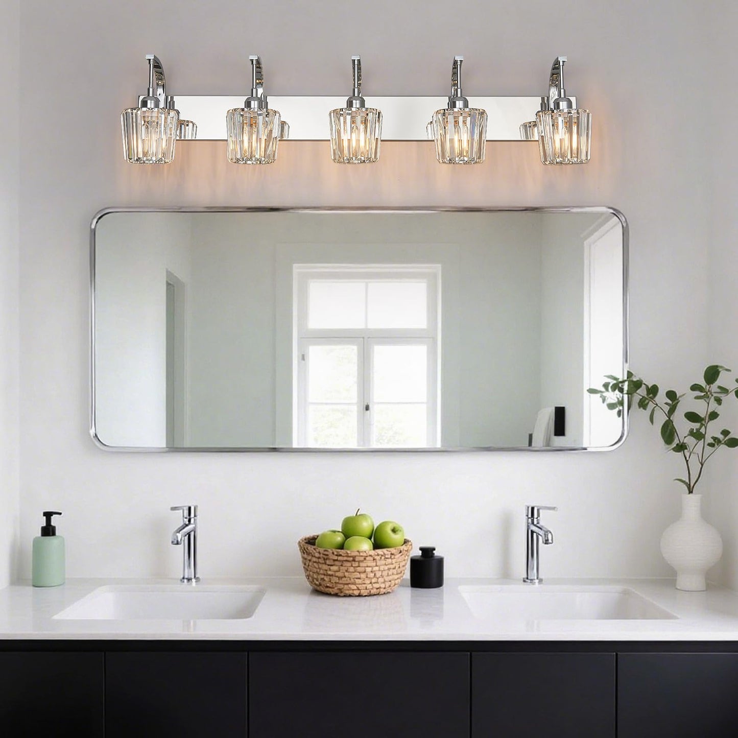 Fdpby Modern Bathroom Vanity Light  5-Light Chrome Wall Sconce With Crystal Accents  Over Mirror Bathroom Lighting Fixture  42.52 Long Dimmable Vanity Lamp For Makeup  Easy Installation
