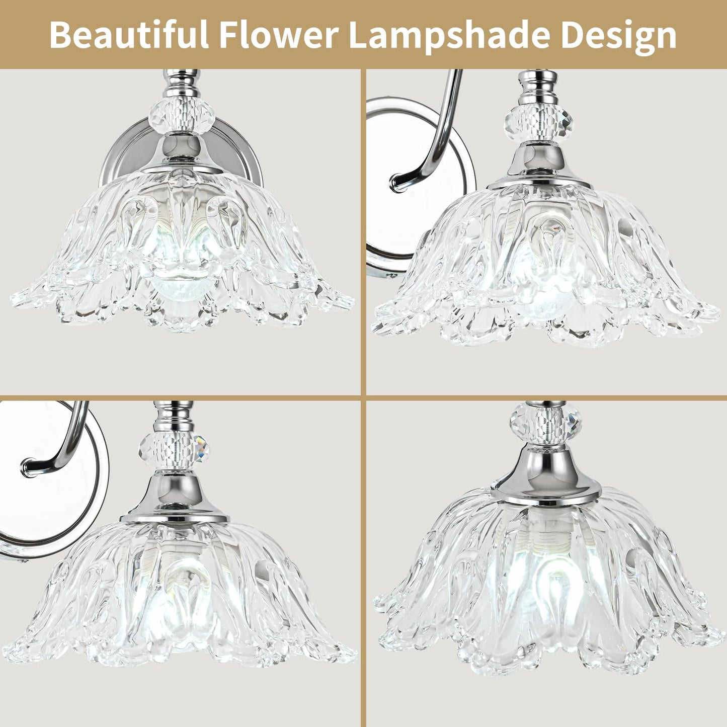 Sunkryster 1 Piece Chrome Wall Sconce With Floral Clear Glass Shade  Modern Wall Mount Lighting For Bathroom Modern Bathroom Vanity Light Fixture
