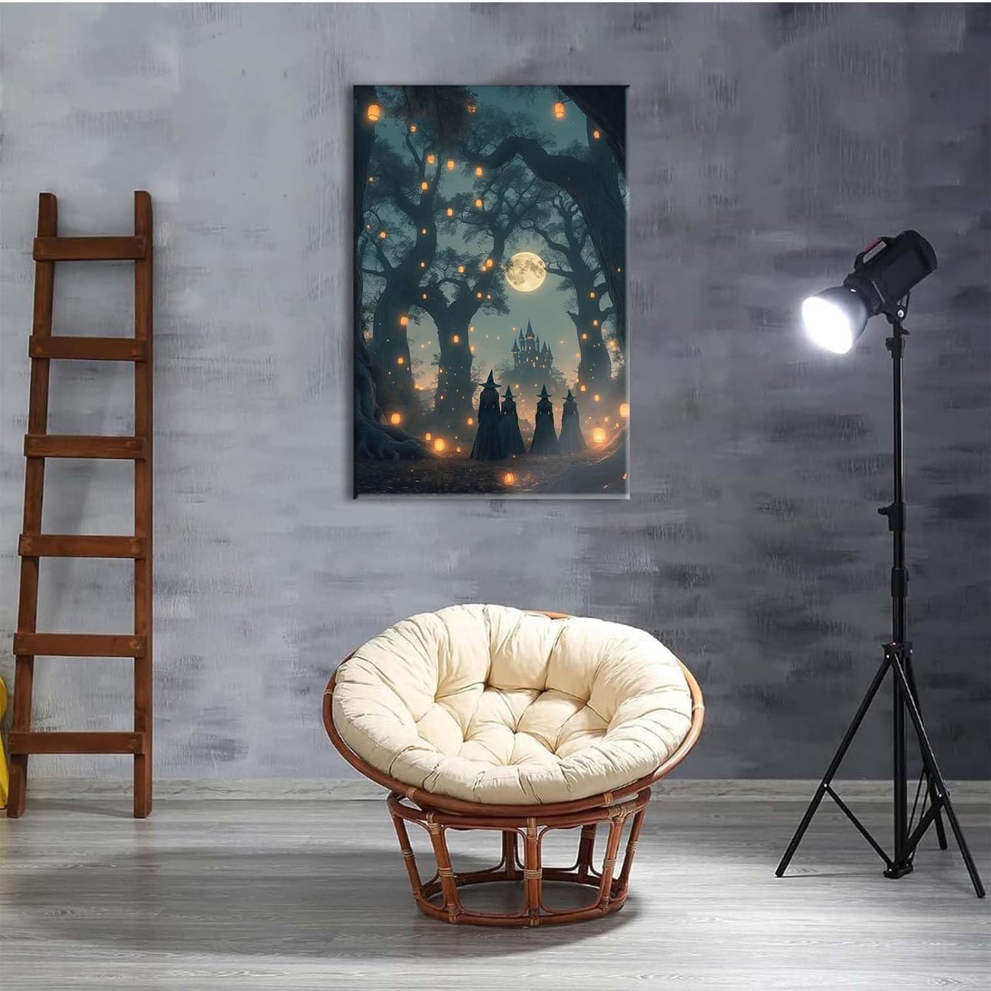 Mysterious creek painting witch and castle in magic forest art print canvas gothic print dark college decoration poster for home bedroom8x12in Wood Framed