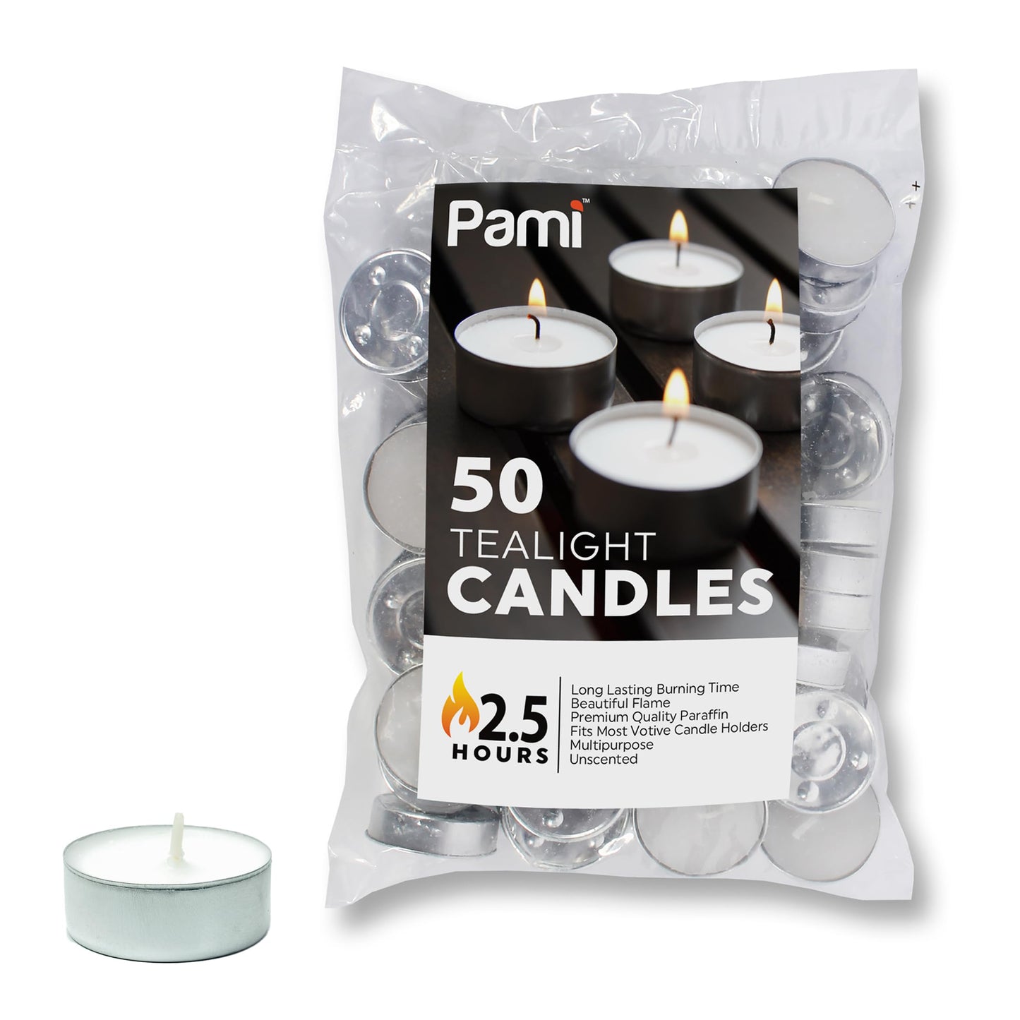 PAMI Unscented Round Tea Light Candles, 1 Inch, 50 Pack, 2.5 Hours Burn Time, White, Paraffin Wax