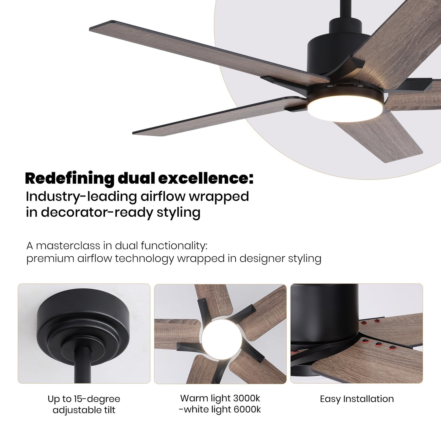 Nuoqiso 46 Inch Ceiling Fan with Lights, Remote Control, Black, Quiet Reversible DC Motor, Dimmable LED Lighting, Model FS-8921-father