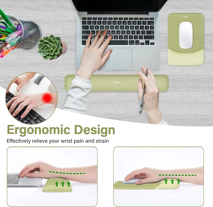 MOSISO Wrist Rest Support for Mouse Pad&Keyboard Set, Rectangular Ergonomic Mousepad Non-Slip Base Home/Office Pain Relief&Easy Typing Pad with Neoprene Cloth&Raised Silicone Lining, Olive Green