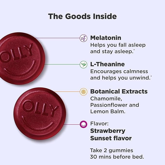 OLLY Sleep Gummies with Melatonin, L-Theanine and Botanicals, BlackBerry and Strawberry Flavors, 130 Count