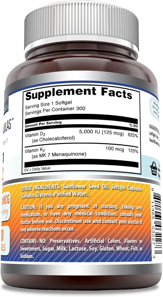 Amazing Formulas Vitamin D3 5000 IU with Vitamin K2 100 Mcg | D3 + K2 Complex Supplement | Softgels | Non-GMO | Gluten-Free | Made in USA (1 Pack, 300 Count)