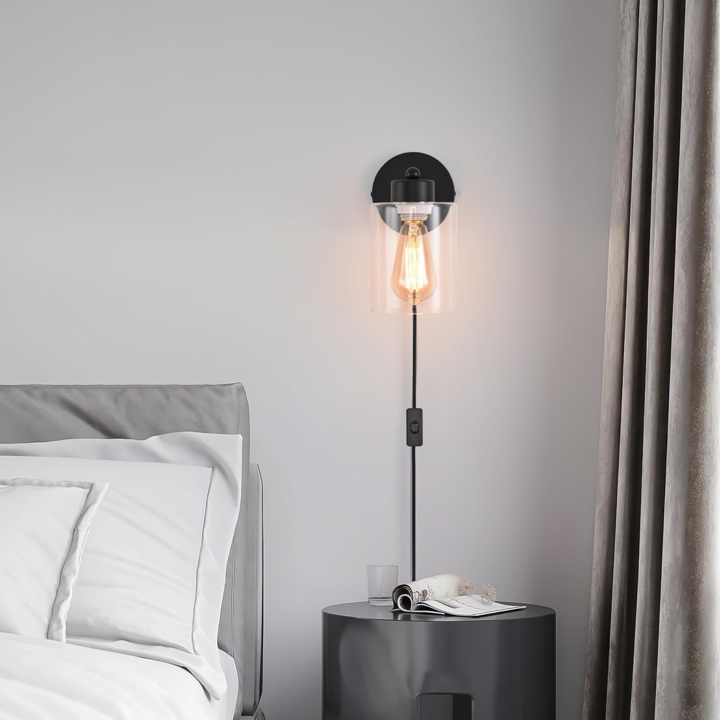 KENMI Metal Wall Sconces, 2 Pack Matte Black Bathroom Lighting, Clear Glass Shade, Model W12W