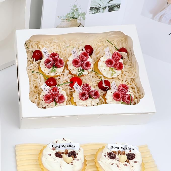 24pcs10x8x2.5 Inch White Bakery Boxes Treat Boxes with Window for Pastry, Cookie, Desserts, Chocolate Strawberries, Pies, Donuts, Muffins,Cupcake