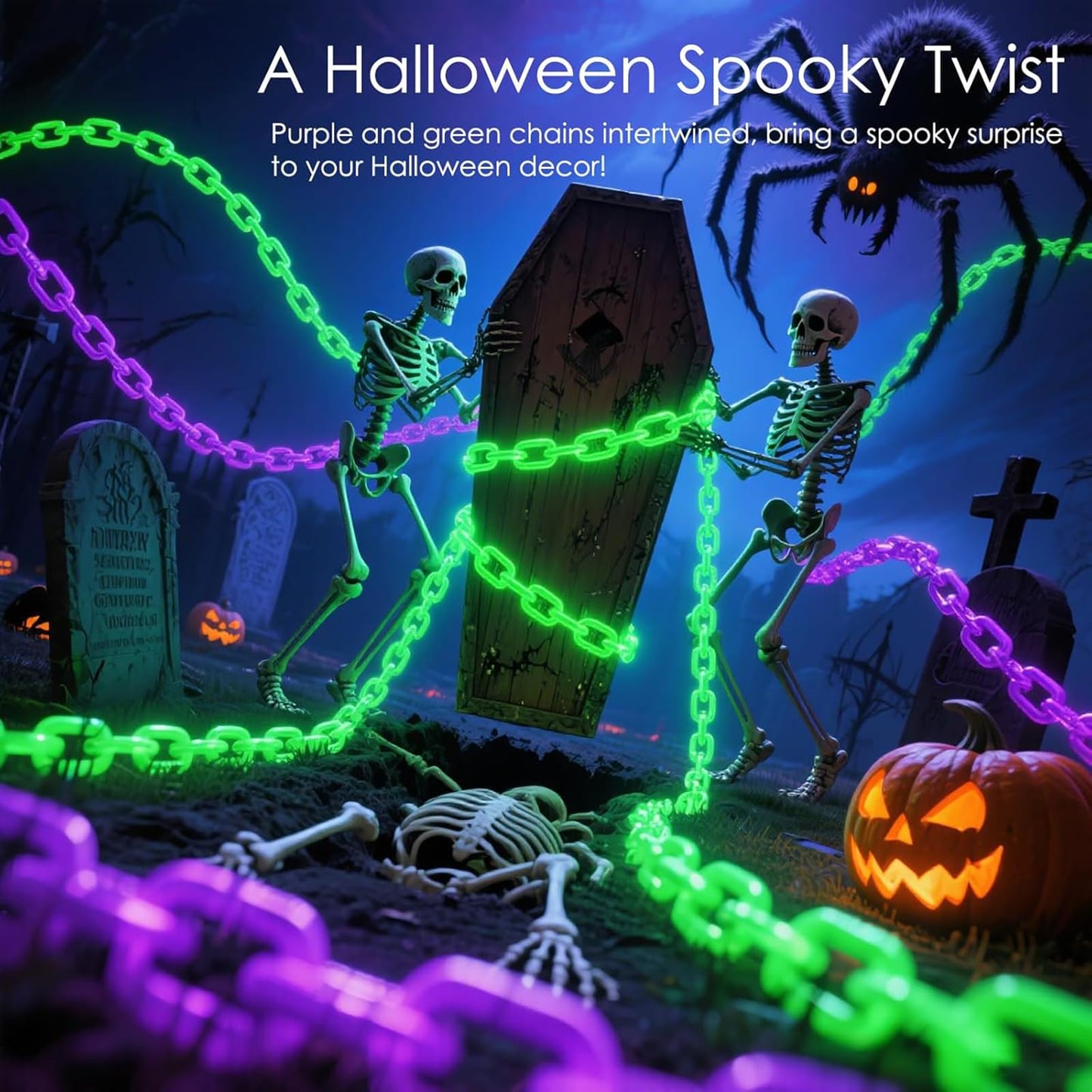 Ohwewant 10Ft Green Chains Battery Operated Halloween Lights  Halloween Decorations Outdoor Indoor  8 Modes Timer Lighted Prop Chains For Party Haunted House Skeleton Dog Creepy Costumes Cosplay