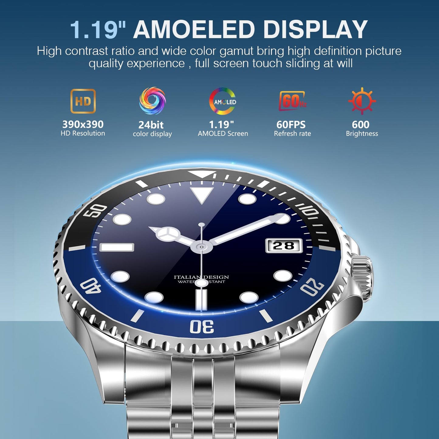 2025 DA GPT Smart Watch for Men, Heart Rate, Blood Pressure, Blood Oxygen, Sleep Monitor, 107 Sports Modes, 1.19-inch AMOLED Display, Waterproof Round Watch, Compatible Android and iOS Silver Blue