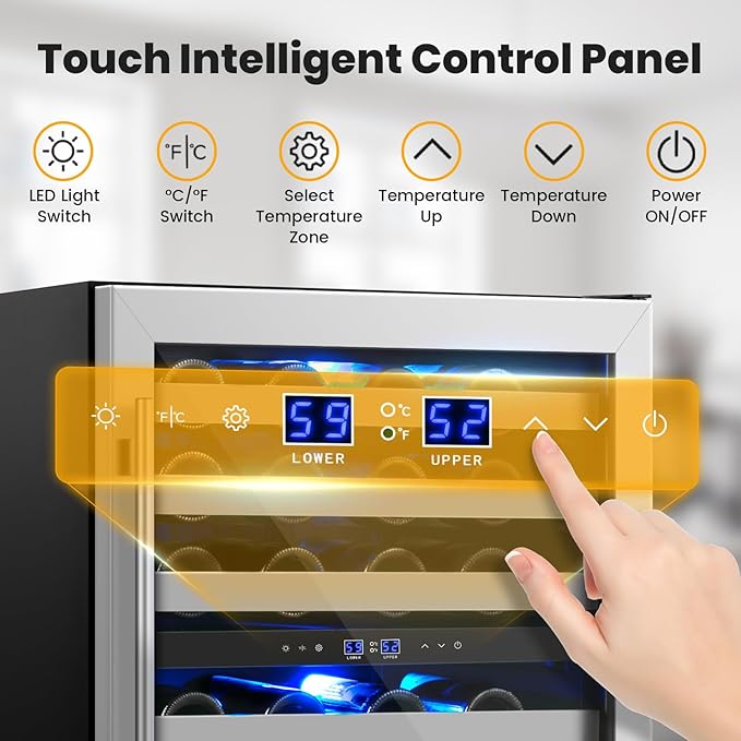 24 Inch Wine Cooler Refrigerator Under Counter,54 Bottle Dual Zone Wine Cooler,New Upgrade Built-in/Freestanding,Seamless Reversible Stainless Steel Door Wine Fridge for Home and Kitchen