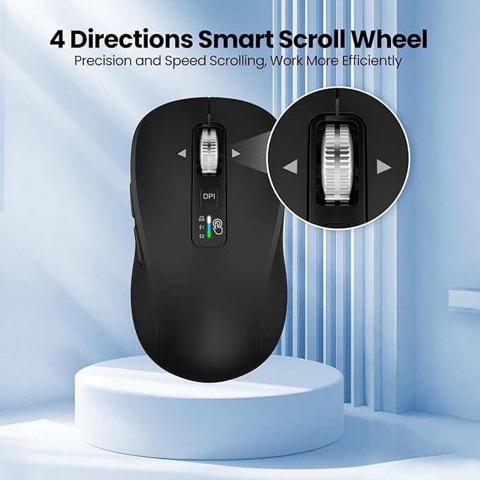 Full-Size Silent Wireless Mouse, 2 Bluetooth + 1 USB Multi-Mode, 4-Way Scrolling, Adjustable DPI, Side Buttons, Long Battery Life, Compatible with Laptop/Tablet/MacBook/iPad
