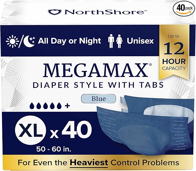 NorthShore MegaMax Adult Overnight Diapers, 12-Hour Tab-Style, X-Large, 40 Count Case, Blue, 50-60 inches, Unisex Incontinence Underwear