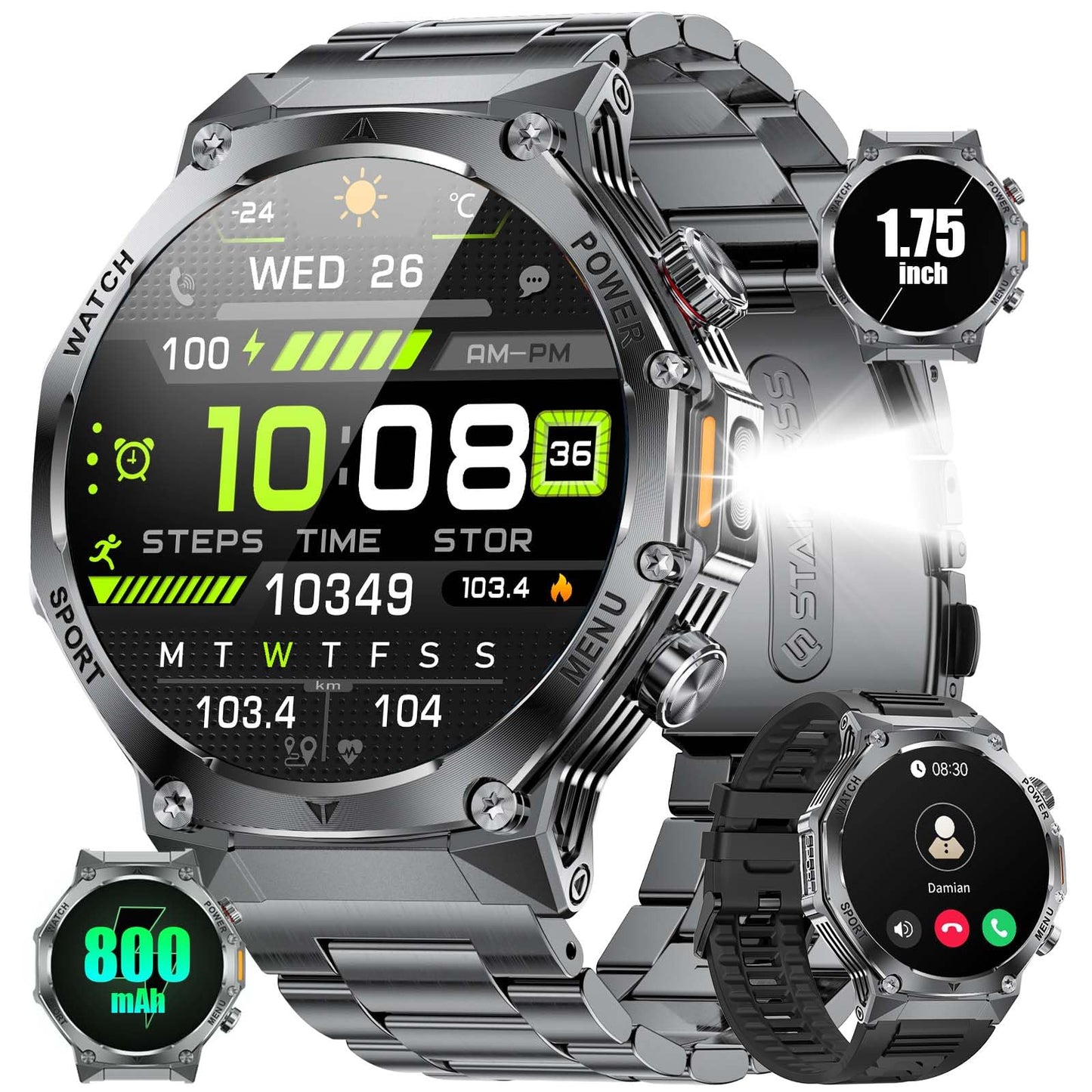 SUNKTA EF15 Military Smart Watch for Men - LED Flashlight, 1.75" HD Fitness Tracker Watch, 800mAh Long Battery Mens Smart Watches, 110+ Sport Mode/Pedometer/IP68 Waterproof Smartwatch for Android iOS