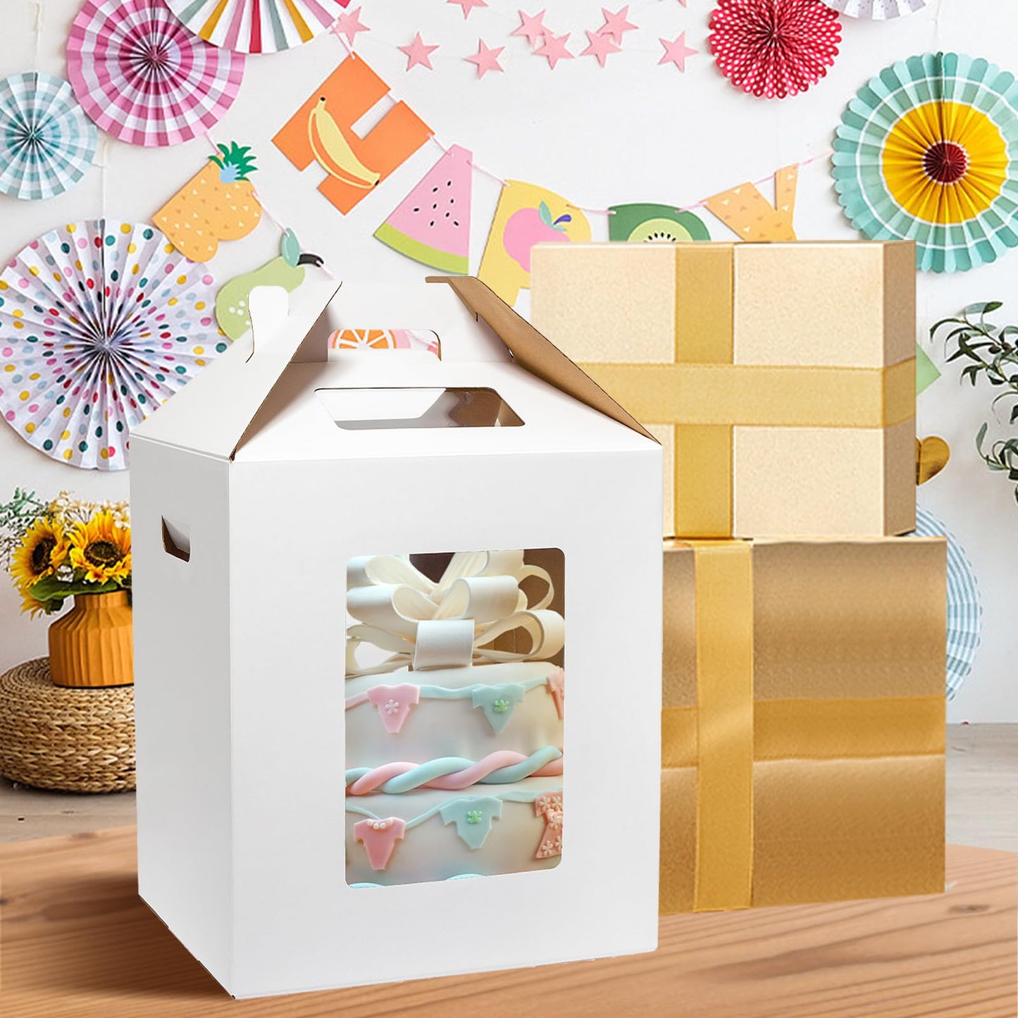 Wowxyz 3 Pack Tall Cake Boxes for Tier Cakes 10x10x12 Inch Disposable Layer Tall Cake Baking with Window Large Tierd Bakery Take Out Transport Containers with Handle for Wedding, Birthday, Party