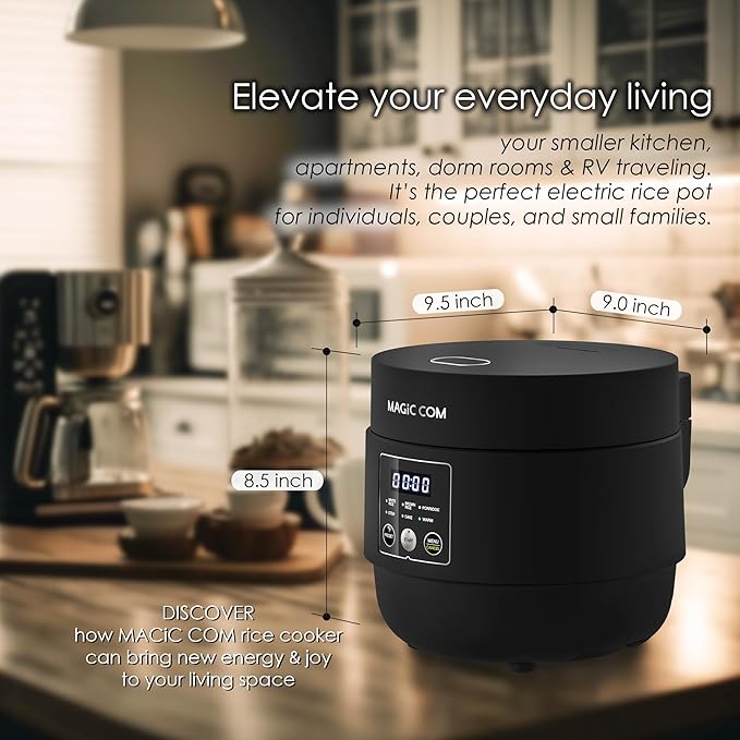 MAGiC COM Mini Rice Cooker 4 Cup Uncooked (8 Cup Cooked), Small Digital Multi-Cooker with Steamer, 24H Delay Timer, Automatic Keep Warm, Non-Stick Pot, Perfect for Dorm, Travel, Single Serve (Black)