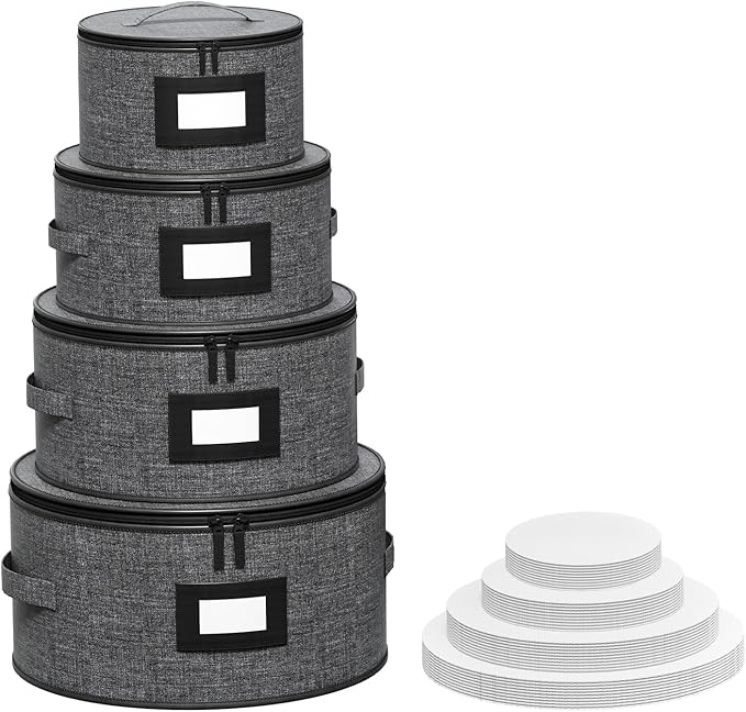 Aokeyee 4-Pack Hard Shell Dish Storage Containers with 48 Non-Woven Pads – For Plates, Dinnerware & China - Ideal for Moving & Protection